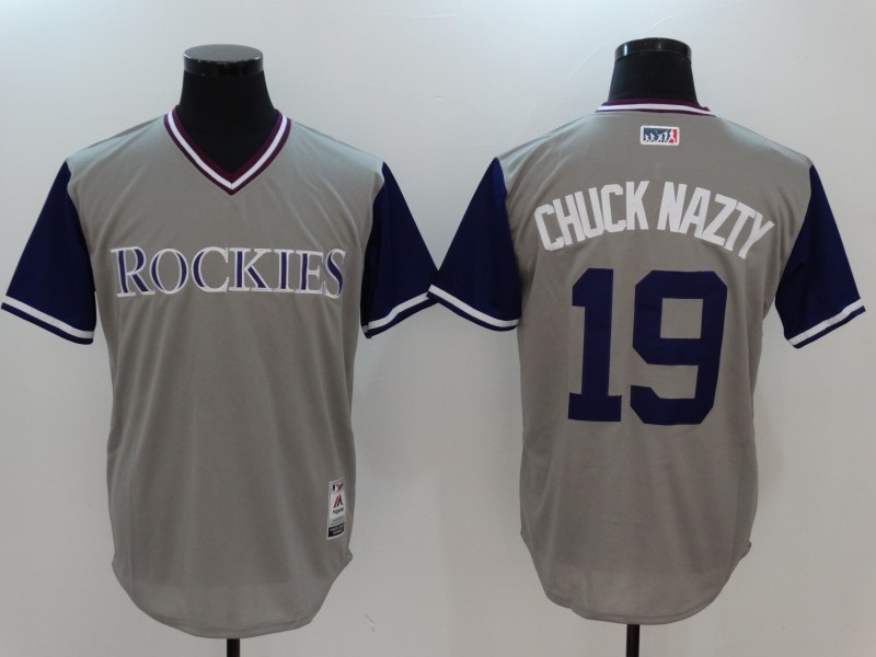 Men's Colorado Rockies #19 #19 Charlie Blackmon "Chuck Nazty" Grey Stitched Jersey Men's Colorado Rockies #19 #19 Charlie Blackmon "Chuck Nazty" Grey Stitched Jersey